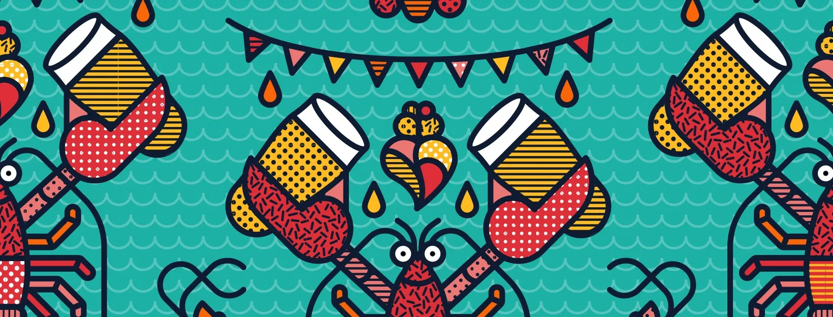 Ilustração de lagostas a segurar copos de cerveja, com bandeirinhas decorativas