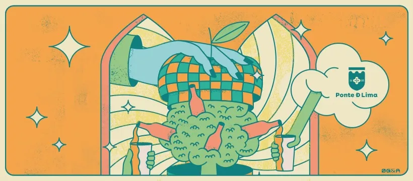 Ilustração de uma mão a despejar uma maçã sobre um cesto de maçãs e garrafas, com selo de Ponte de Lima