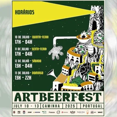 Cartaz do ArtBeerFest Caminha 2025 com horários do evento, de 10 a 13 de julho