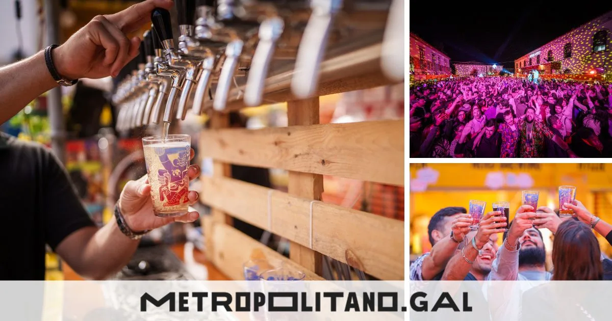 Colagem de fotos do festival: torneiras a encher copos, multidão num concerto noturno e amigos a brindar