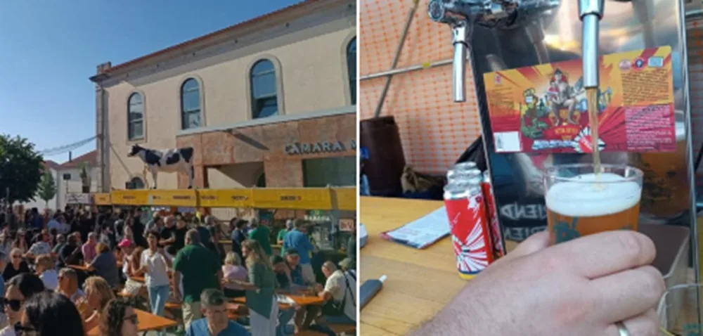 Multidão junto a um edifício com estátua de vaca e torneira a encher um copo de cerveja artesanal